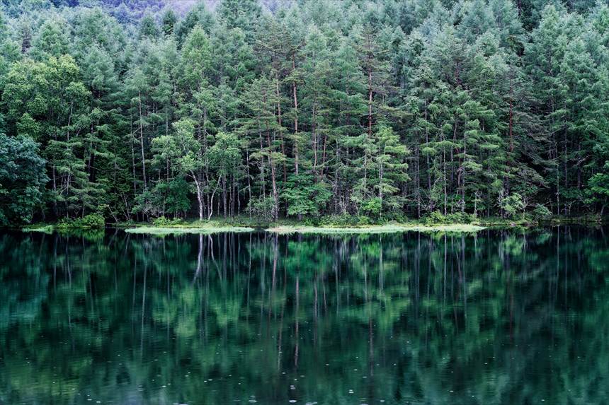 東山魁夷「緑響く」のモデルとなった御射鹿池のリフレクション、少し雨が降る