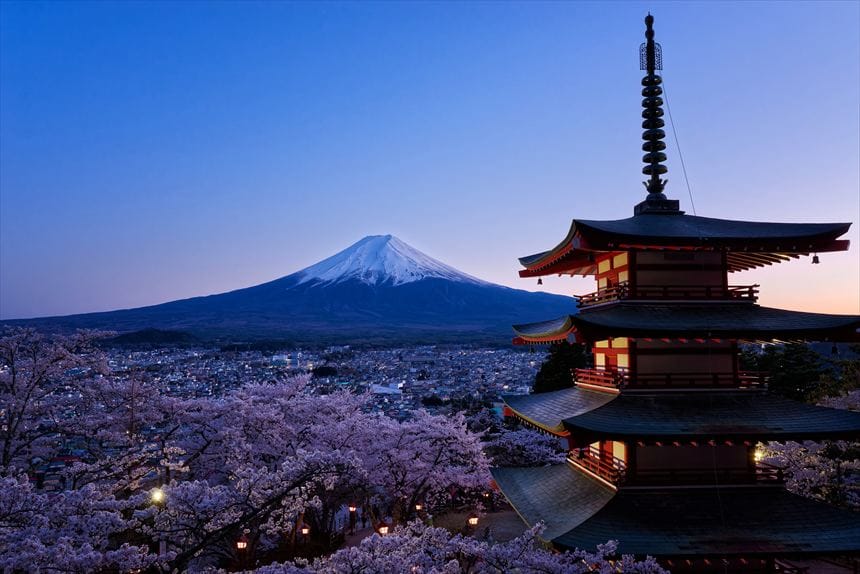 新倉山浅間公園 桜と五重塔と富士山