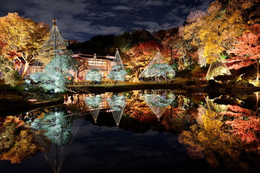 標準レンズで撮影した紅葉のライトアップのリフレクションが美しい肥後細川庭園