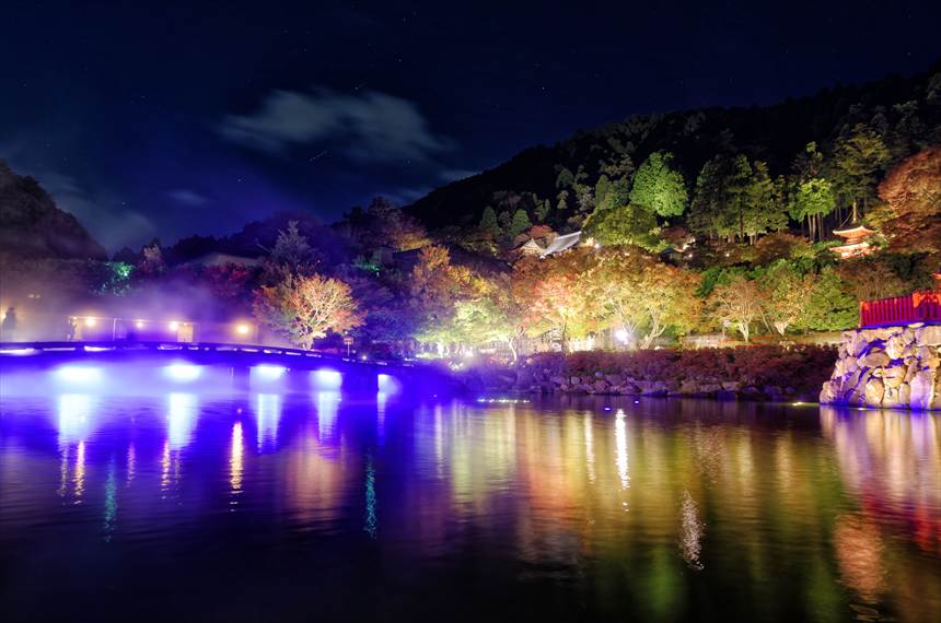 ライトアップで水面に映る勝尾寺全景
