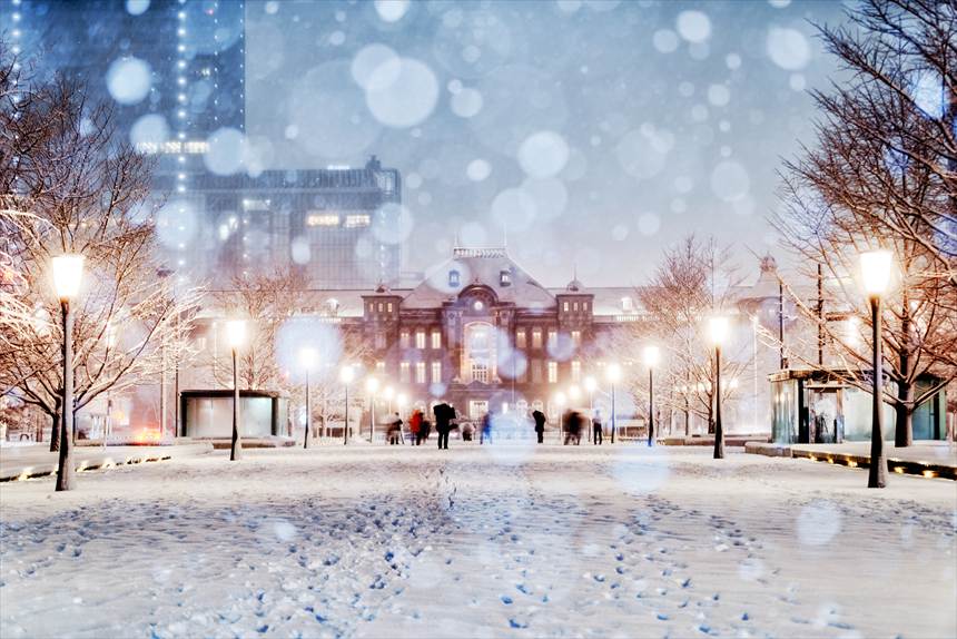 フラッシュを使って撮影した雪の東京駅