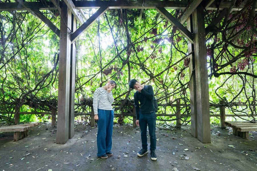 相良のアイラトビカズラの中で臭いのを我慢して記念写真を撮るハチとゴン