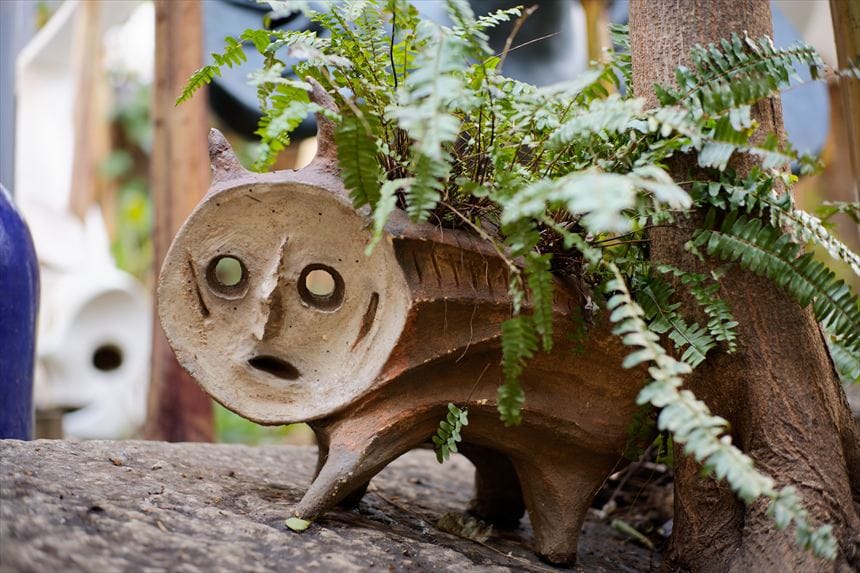 庭にある犬の植木鉢