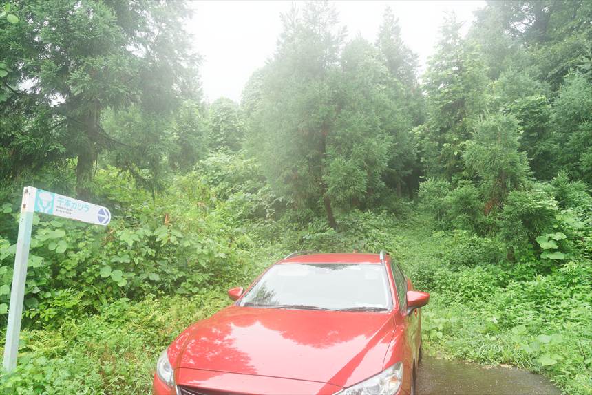 千本カツラ入り口の看板と駐車スペース